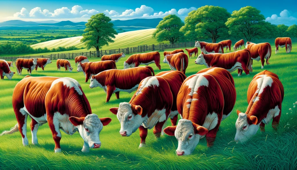 Simmental A detailed and vivid illustration of Simmental cattle. The scene showcases a group of Simmental cows and bulls grazing in a lush green pasture. The ca (1)