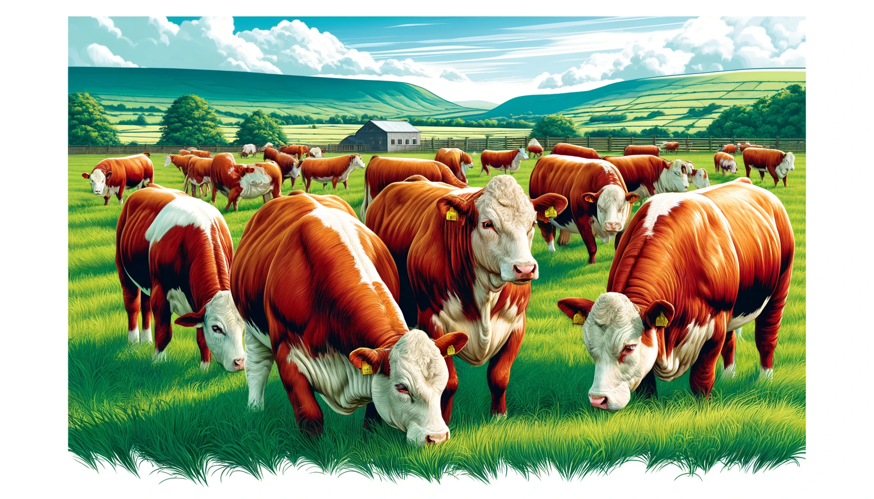 Simmental A detailed and vivid illustration of Simmental cattle. The scene showcases a group of Simmental cows and bulls grazing in a lush green pasture. The ca (2)